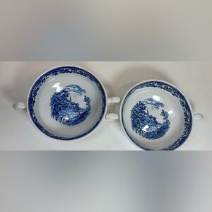 2 Royal Tudor Ware Olde England Pattern Twin-Handle Soup Bowls Perfect Condition